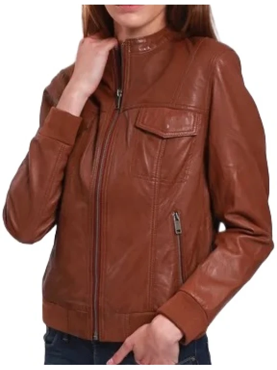 Round Collar Brown Leather Bomber Jacket Round Collar Brown Leather Bomber Jacket