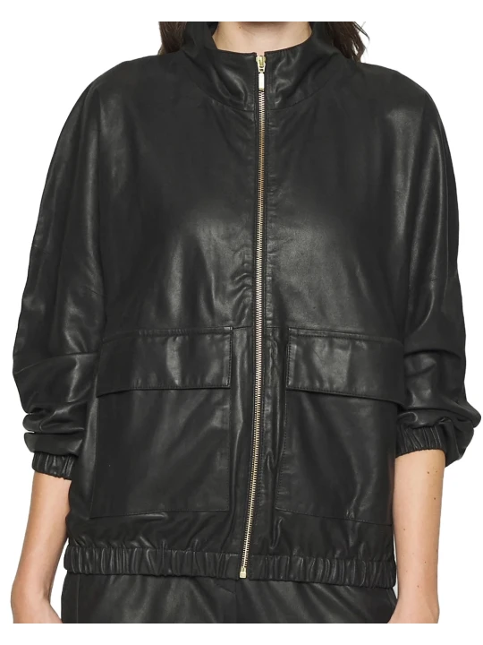 Single Zip Black Leather Bomber Jacket