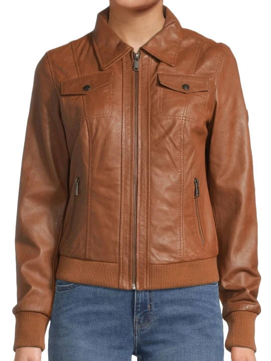 Turn Down Collar Brown Leather Bomber Jacket