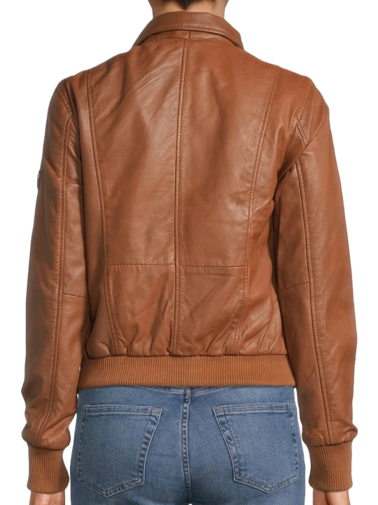 Turn Down Collar Brown Leather Bomber Jacket