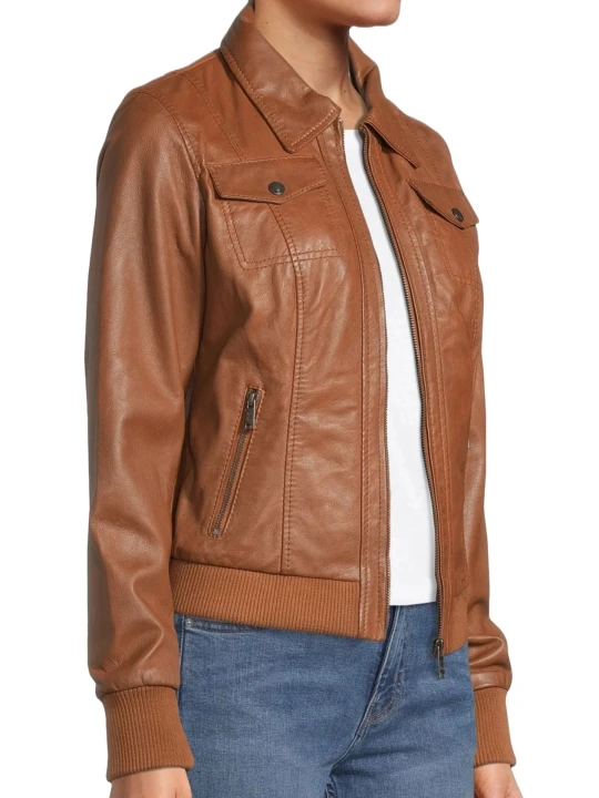 Turn Down Collar Brown Leather Bomber Jacket