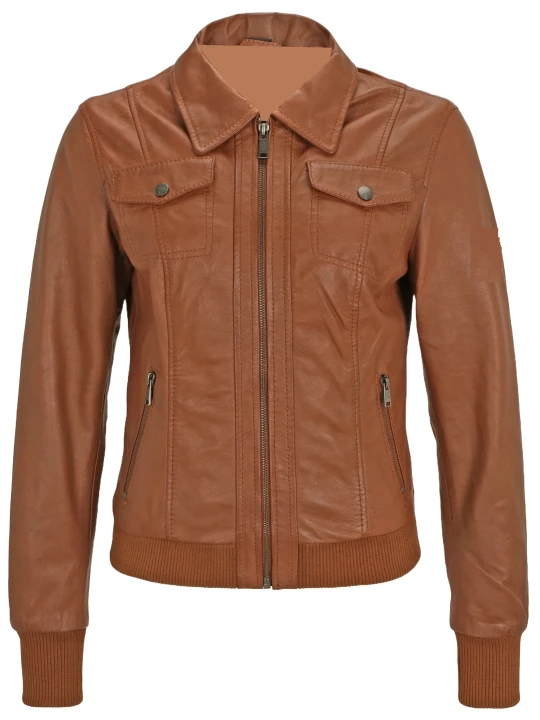 Turn Down Collar Brown Leather Bomber Jacket