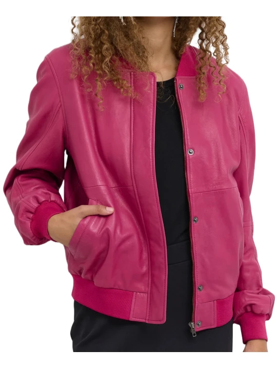 Two Side Pockets Pink Leather Bomber Jacket