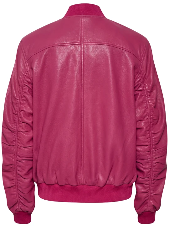 Two Side Pockets Pink Leather Bomber Jacket