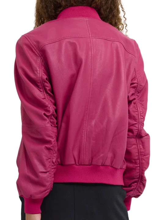 Two Side Pockets Pink Leather Bomber Jacket