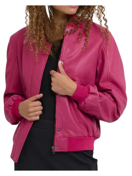 Two Side Pockets Pink Leather Bomber Jacket