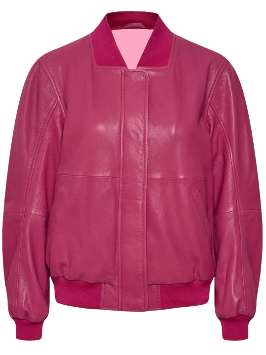 Two Side Pockets Pink Leather Bomber Jacket