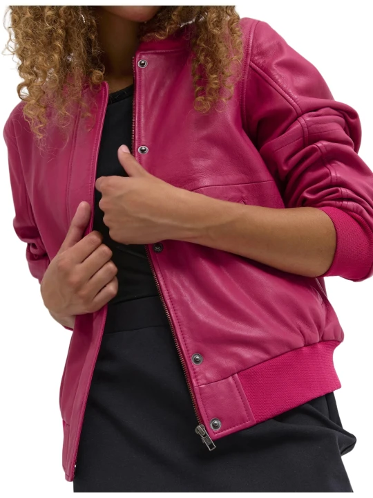 Two Side Pockets Pink Leather Bomber Jacket