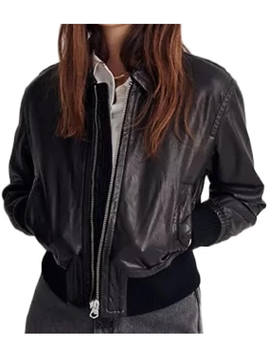 Female Leather Bomber Jacket Black