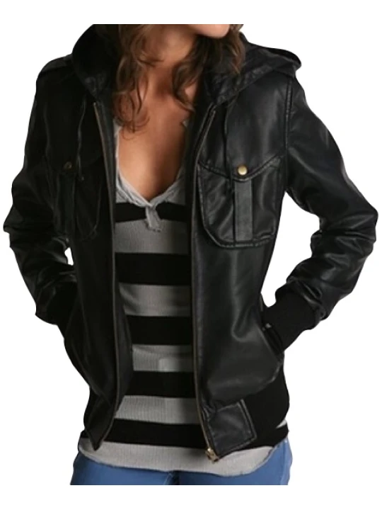 Women Trendy Hooded Real Lambskin Black Leather Bomber Jacket