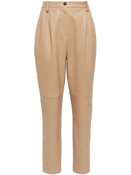 Beige Ankle Length Leather Capris