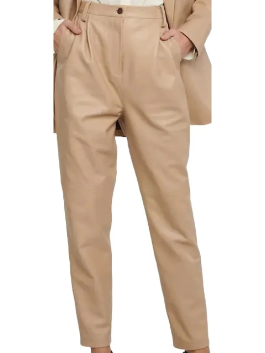 Beige Ankle Length Leather Capris