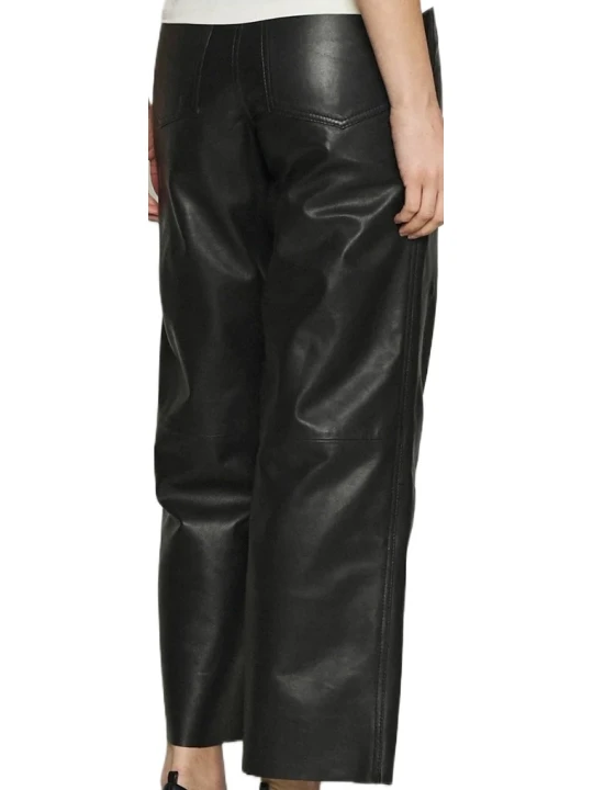 Black Cropped Real Leather Pants