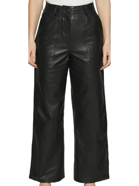 Black Cropped Real Leather Pants