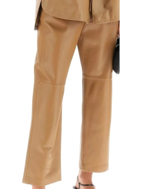 Brown Elastic Waistband Leather Capri