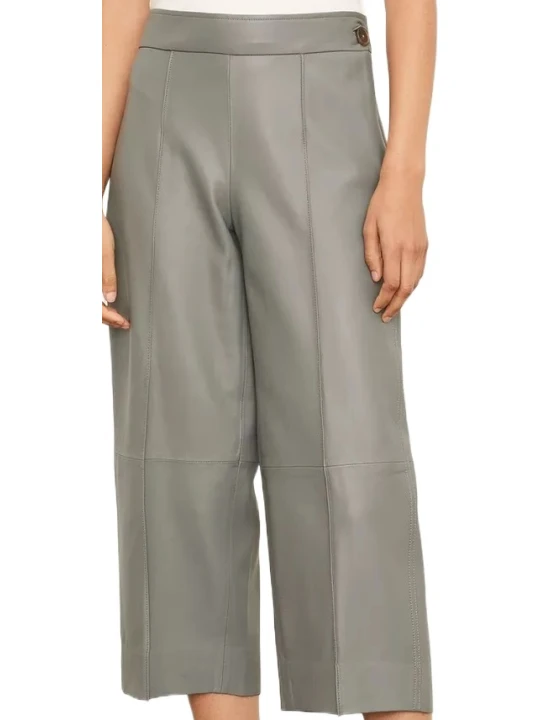 Cropped Grey Leather Capri With Narrow Belted Waist
