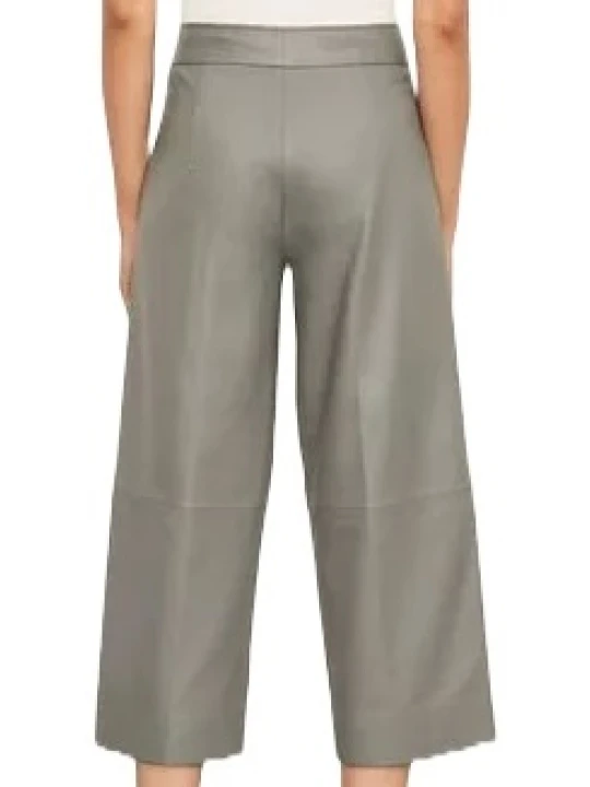 Cropped Grey Leather Capri With Narrow Belted Waist