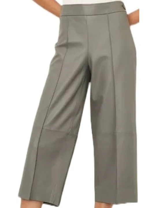 Cropped Grey Leather Capri With Narrow Belted Waist