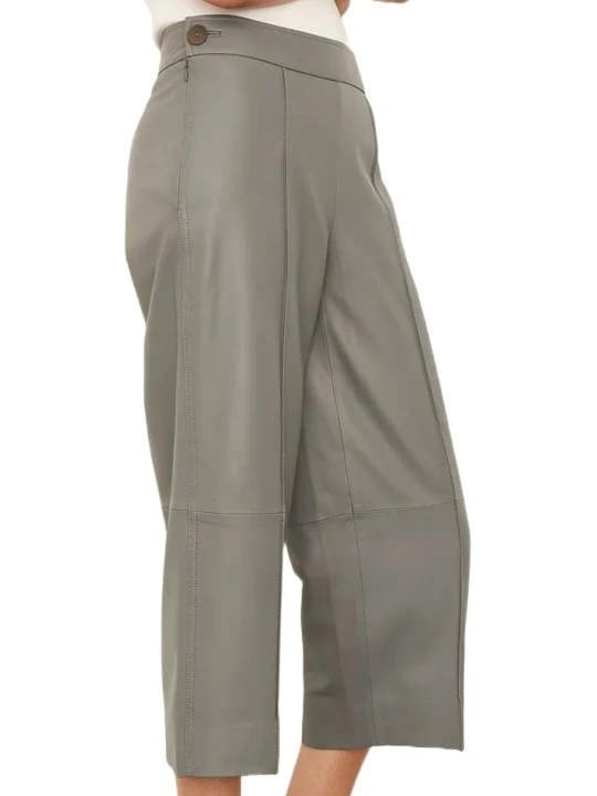 Cropped Grey Leather Capri With Narrow Belted Waist