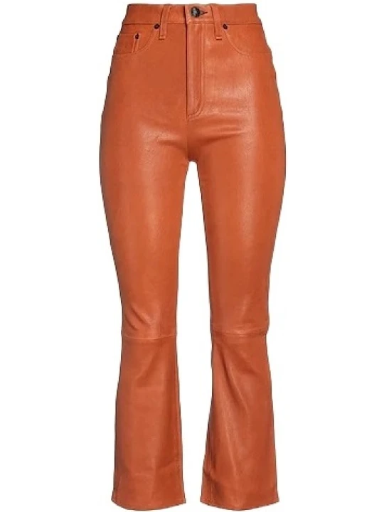 Single Button Brown Flared Capri Leather