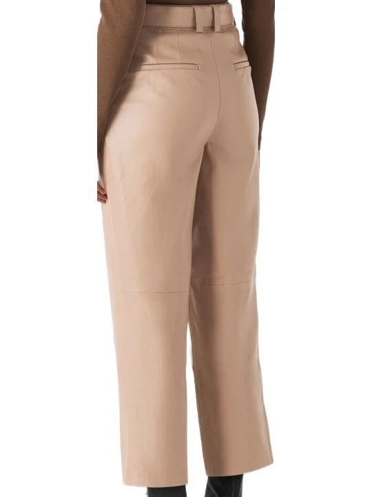 Tapered Beige Leather Capri Pant 