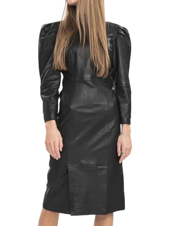 Black Puff Sleeves Leather Dress
