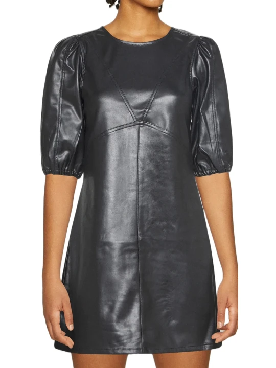 Balloon Short Black Sleeve Leather Dress