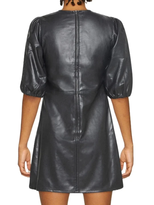 Balloon Short Black Sleeve Leather Dress