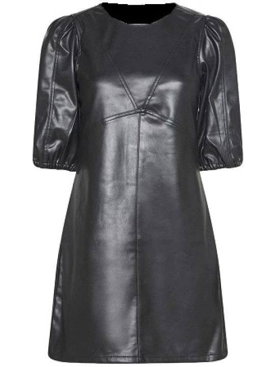 Balloon Short Black Sleeve Leather Dress