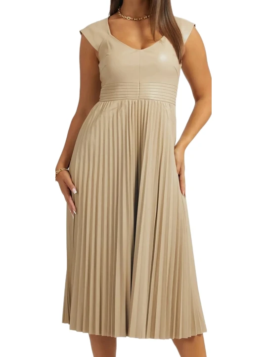Beige Pleated Leather Dress