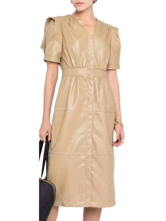 Beige Short Sleeve Leather Dress