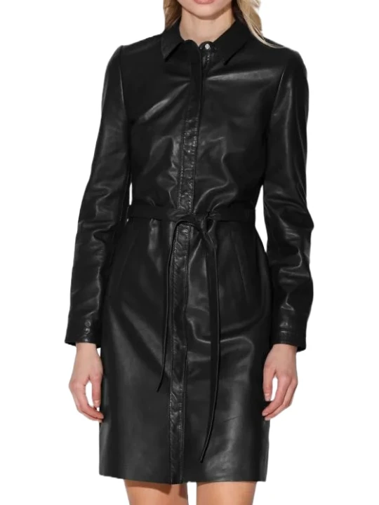 Black Collar Button Leather Dress