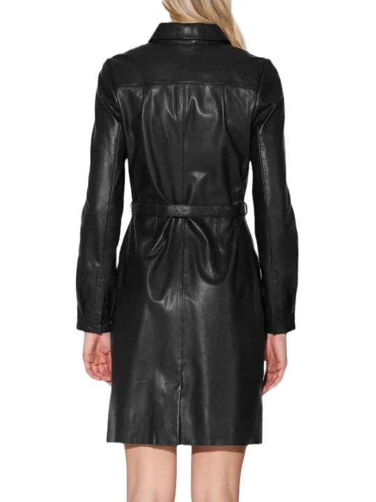 Black Collar Button Leather Dress