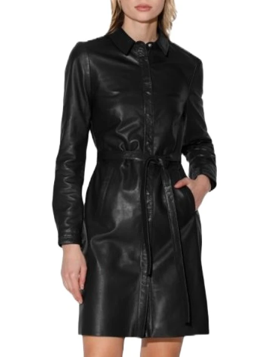 Black Collar Button Leather Dress