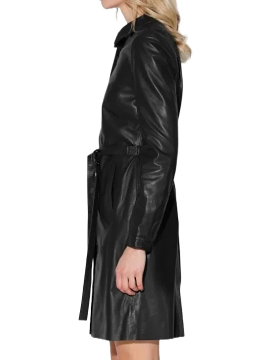 Black Collar Button Leather Dress