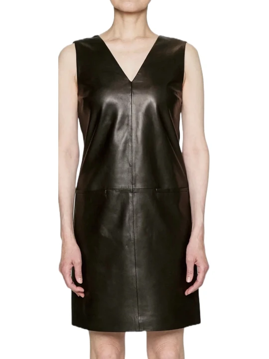Black Leather Sleeveless Dress For Lady