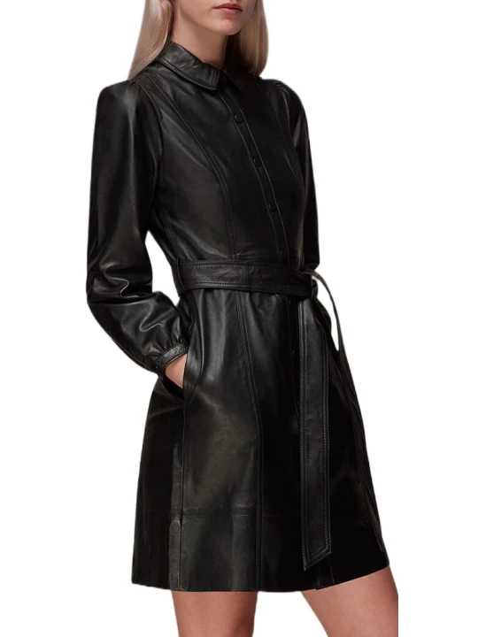 Black Shirt Collar Leather Dress