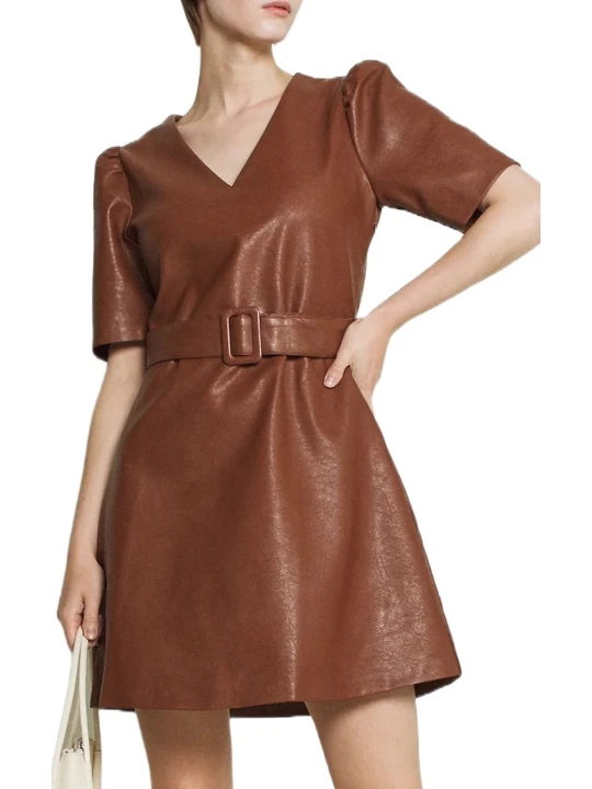 Brown Leather Dress With Belt 