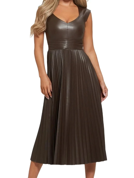 Brown Pleated Leather Dress