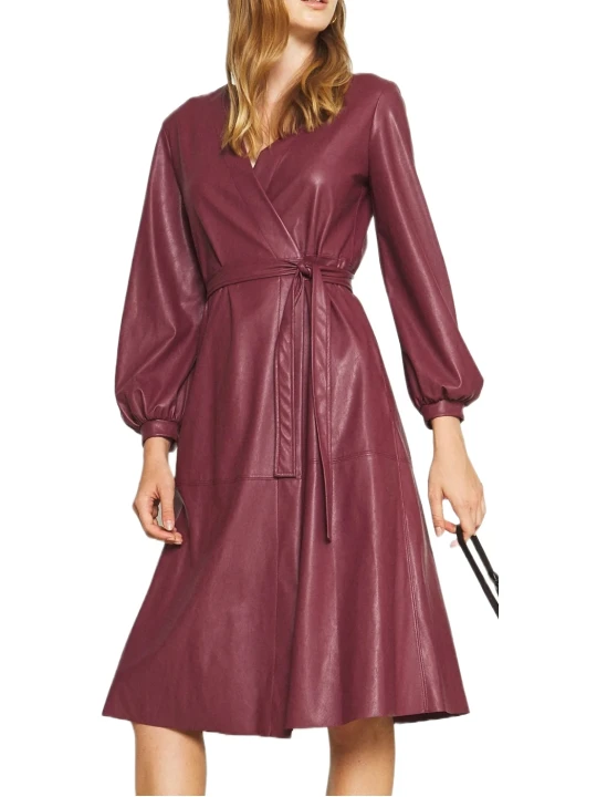 Burgundy Crossover Neck Leather Dress