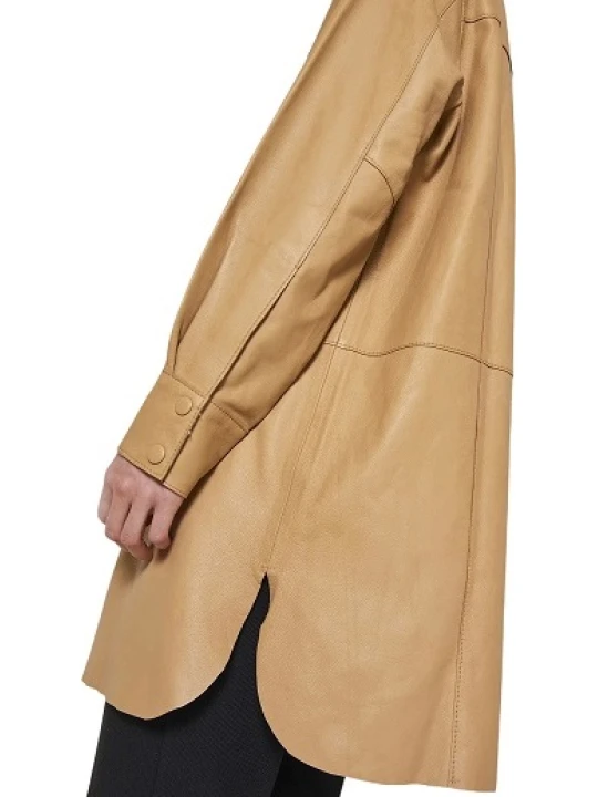 Beige Plain Straight Leather Dress