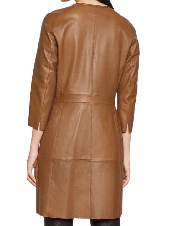 Cognac Two Side Pockets Leather Dress