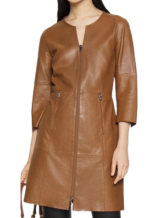 Cognac Two Side Pockets Leather Dress