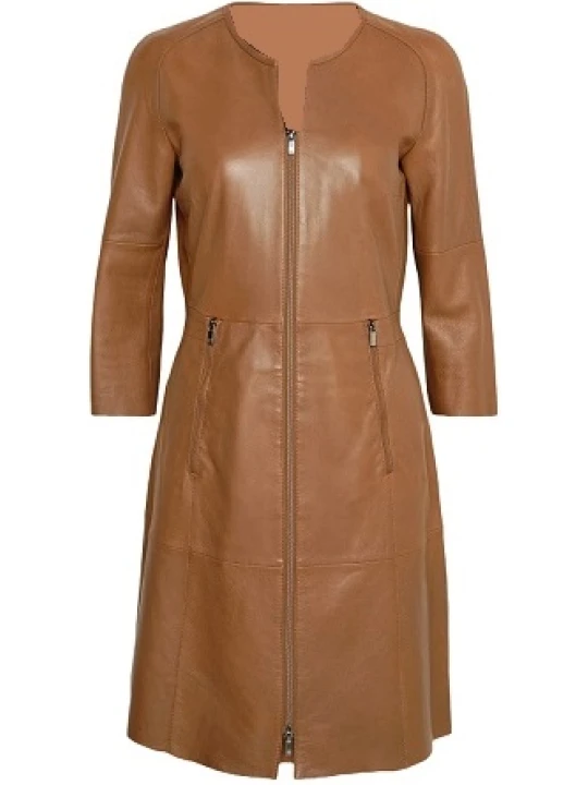 Cognac Two Side Pockets Leather Dress
