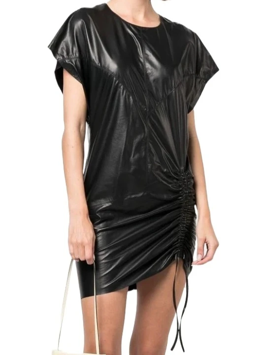 Collarless Black Short Leather Dress