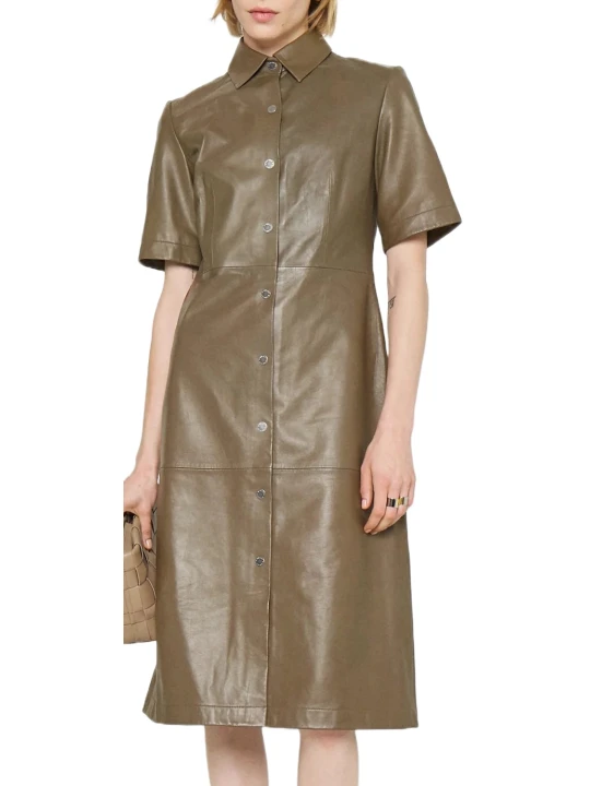 Dark Brown Leather Dress With Button