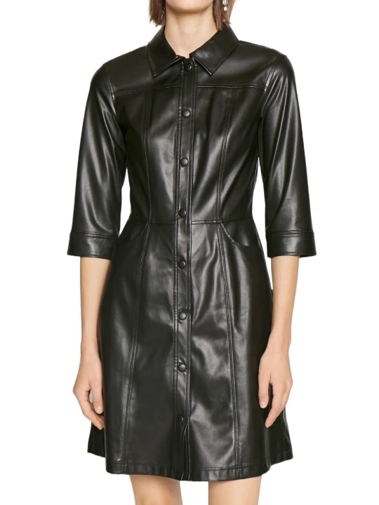 Down Collar Belted Black Leather Dress