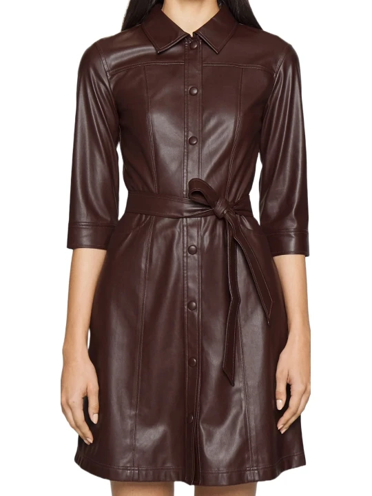 Down Collar Belted Dark Brown Leather Dress