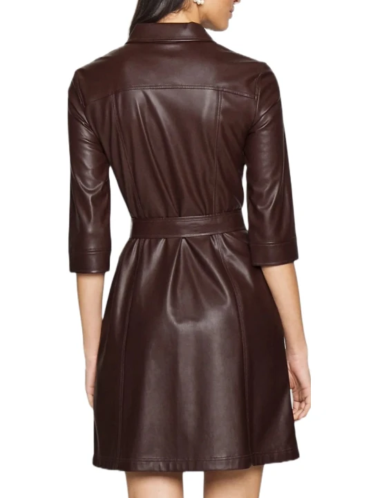 Down Collar Belted Dark Brown Leather Dress Down Collar Belted Dark Brown Leather Dress