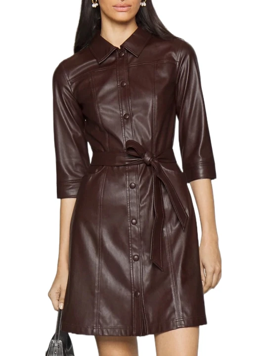 Down Collar Belted Dark Brown Leather Dress Down Collar Belted Dark Brown Leather Dress